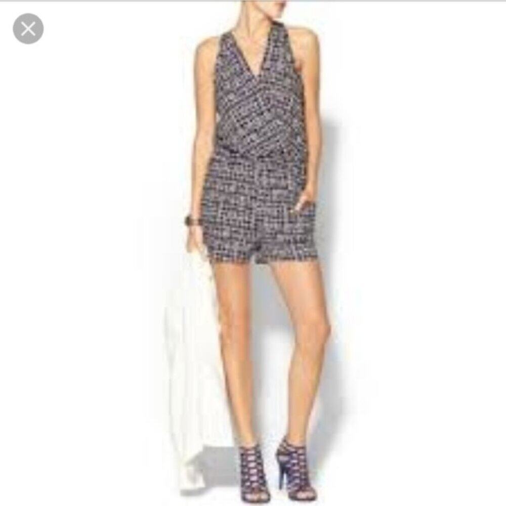 Adelyn Rae Navy Blue Window Pane Geometric Sleeveless Romper Womens